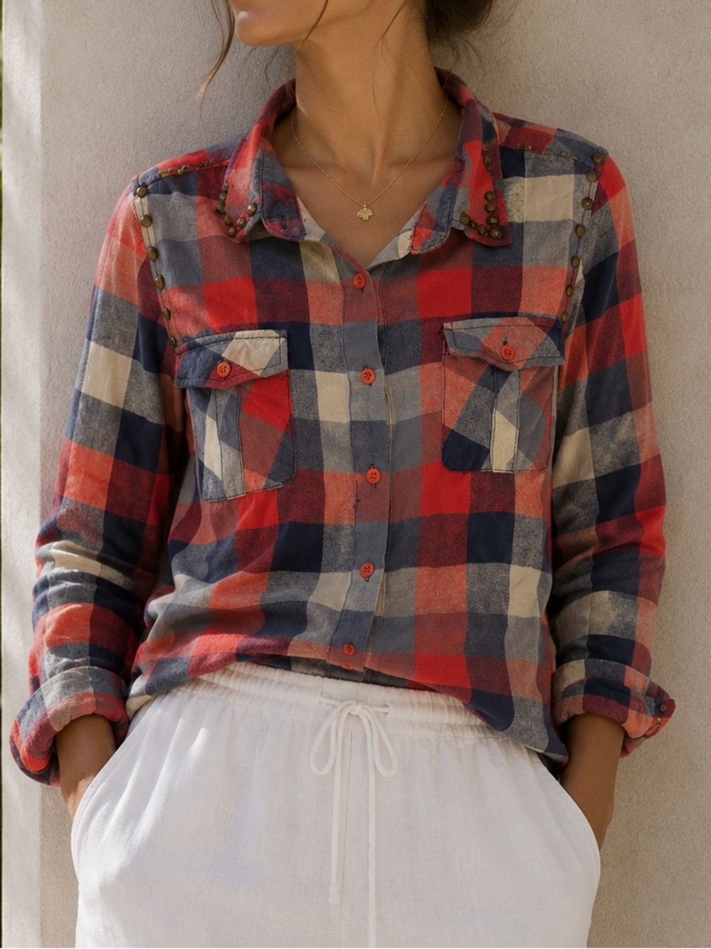 Plaid Studded Button Up Flannel Shirt